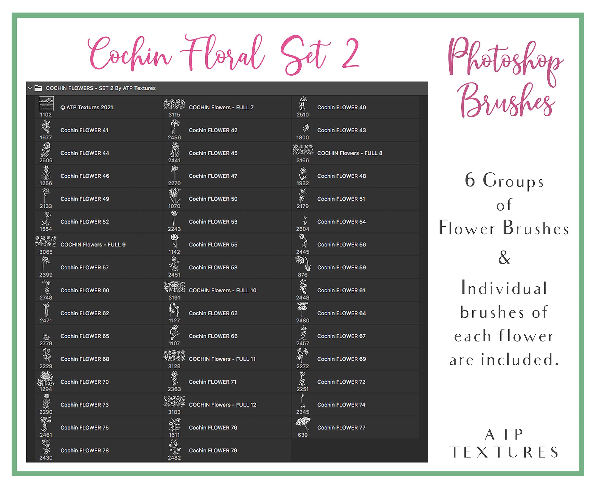 Photoshop Brushes for Photography, Scrapbooking and Digital Art. 45 Beautiful Cochin Floral Brushes.High resolution and perfect for printing without any loss in quality.These are created from beautiful, aged medieval prints. ATP Textures